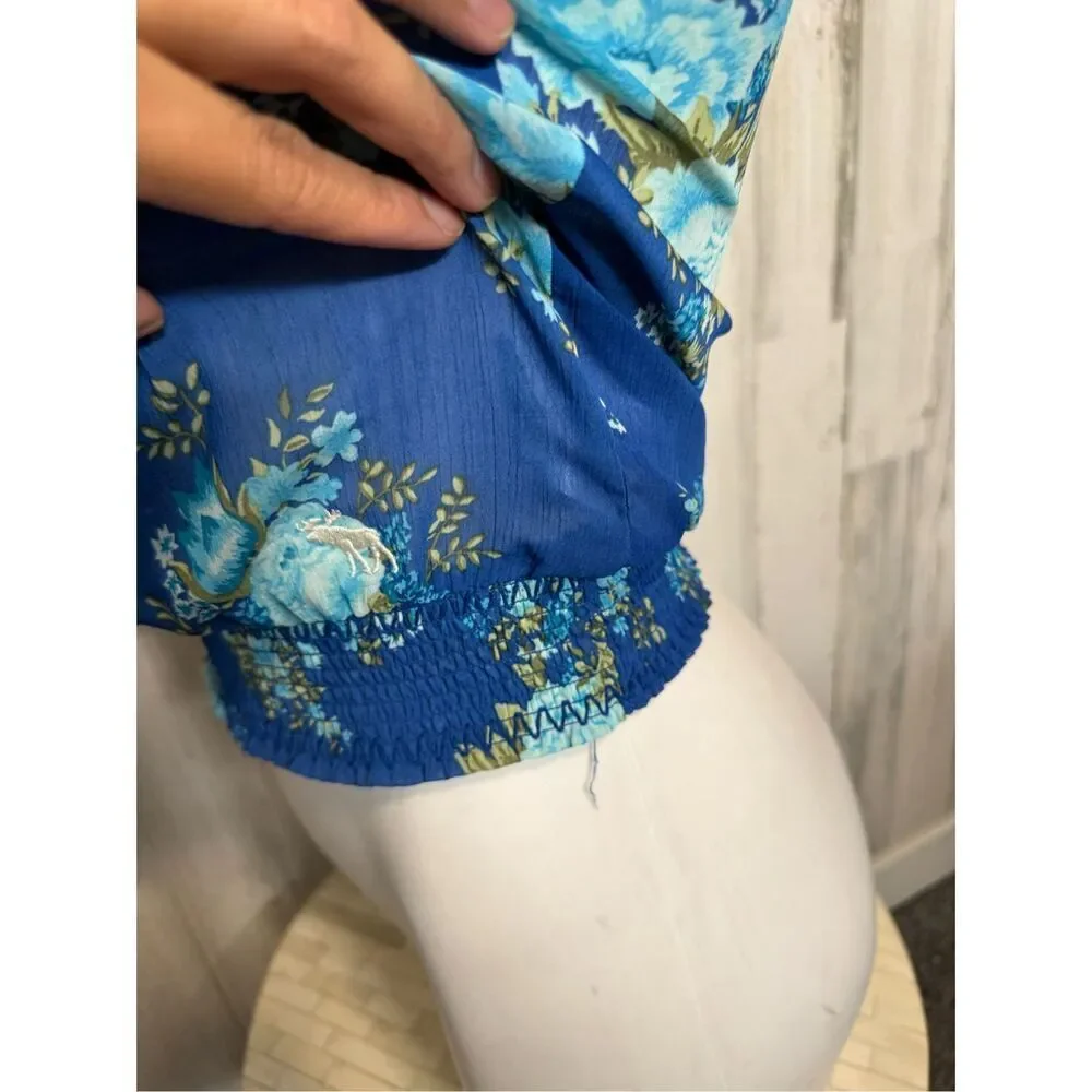 Abercrombie & Fitch Blue Floral Crop Top Womens Extra Small XS Puff Sleeve TLC